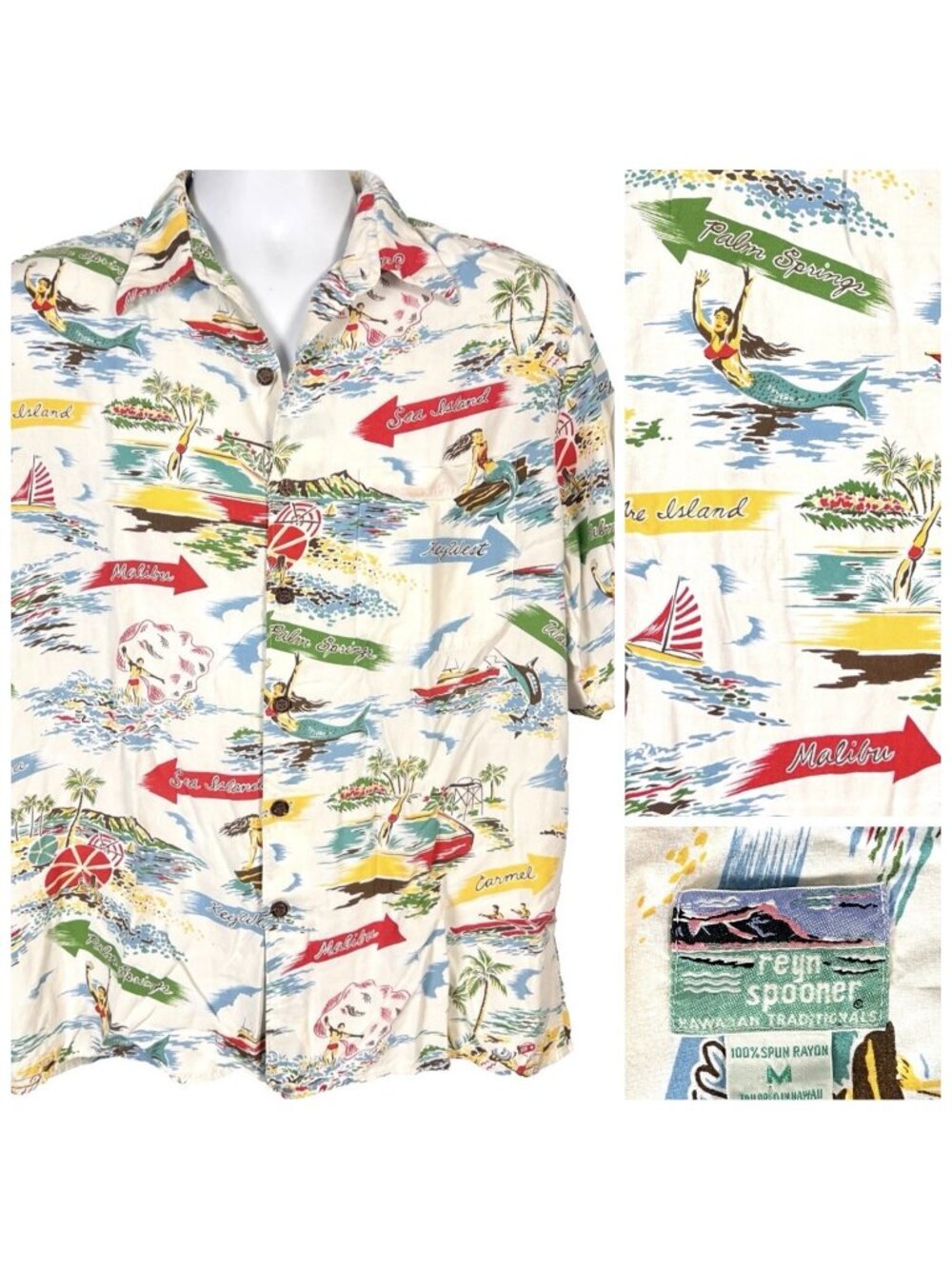 Reyn Spooner Vacation Resort Mens Vtg Hawaiian Shirt size Medium M/L 48x27 Rayon